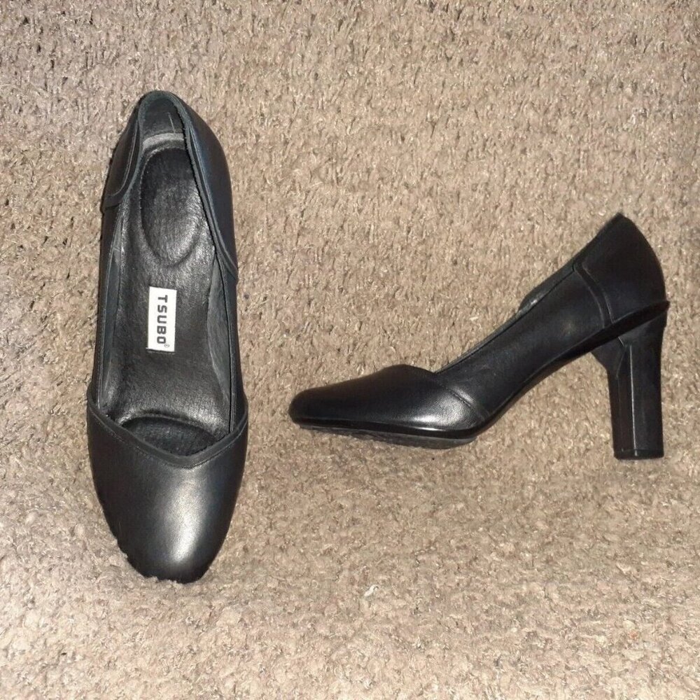 TSUBO-Avoca-Black Leather Block Heel Pumps-Size 8.5-Near Mint